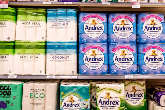 Supermarket Shelf Rolls Of Toilet Paper Or Tissue