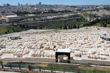 View to Jerusalem old city temple mount and the ancient Jewish cemetery in Olive mount. Jerusalem -...