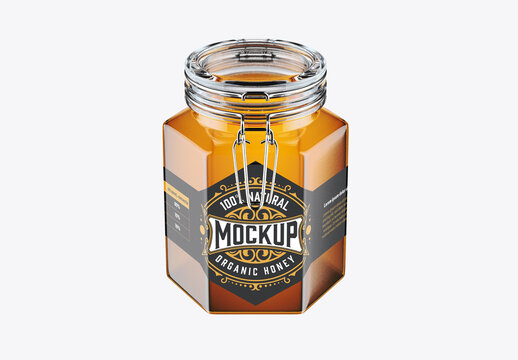 Hexagonal Honey Glass Jar with Classic Cap Mockup