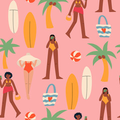 Summer seamless pattern with cute flat diversity women in swimsuits and beach accessories and objects. Vector background with females, hats, bags, surfboards and palm trees.
