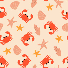 Cute seamless pattern with shells, starfish and crabs on the sand. Beach summer illustration. Vector background with ocean animals 