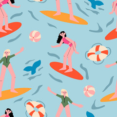 Fototapeta premium Surfing woman in the sea. Surfer standing on surf board. Summer seamless pattern with females. Whail tail, ball and lifebuoy. Flat people vector background