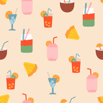 Seamless pattern with cute summer cocktails and fruits. Food and drink vector illustration. Sweet colorful background with watermelon, pineapple, jar, cup, wine glass