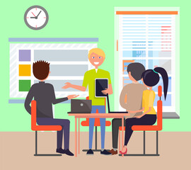 Young successful man show presentation color card vector illustration of business people sitting by table on office meeting, wall with window and desk