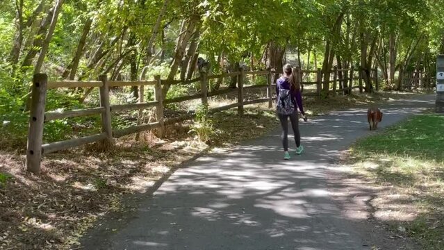Young Woman Walking Dog in Wooded Park