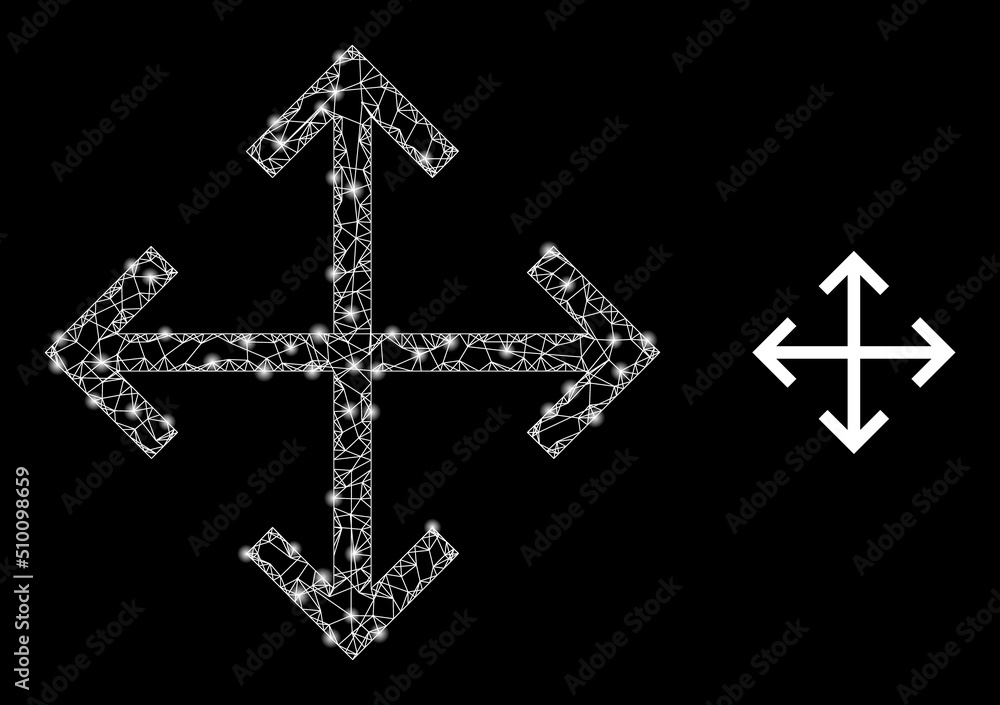 Poster crossing mesh expand arrows model illustration with light spots. illuminated vector constellation is