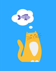 Kitty thinking of food fish, feline ginger cat sitting in calm pose waiting to be fed, thought bubble with cold-blooded animal vector illustration