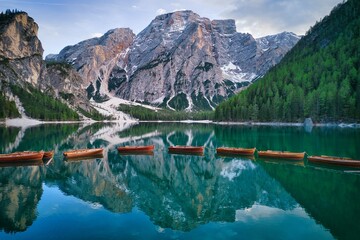 Lago di Braies in Italy. This is also known as Pragser Wildsee. Stunning crystal clear water with...