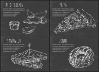 Fast food set hand drawn vector monochrome illustration. Fried chicken with sauce and pizza slice, sandwich and donut sketch, restaurant menu cover
