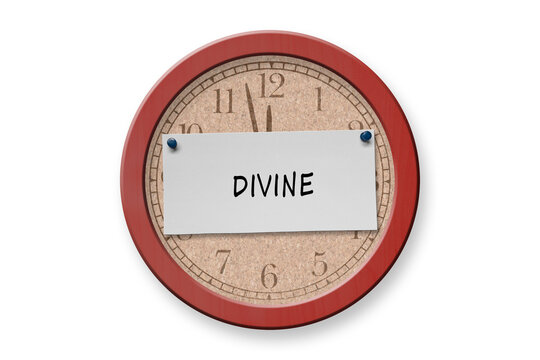 The word devine on a clock bulletin board.