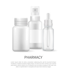 Pharmacy poster with nasal spray and container of capsule pills, ear drops, aerosol sprayer set of treatment remedies mock up empty items vector items