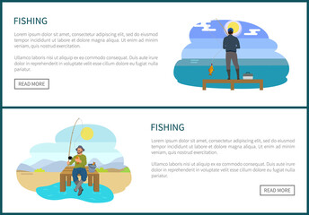 Fishing people hobbies set on web posters with push buttons. Mens activities vector illustration of people on wooden dock, anglers online site template