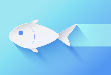 White paper cut relief and shadowed fingerling minimalistic vector illustration. Fish bellied icon on gradient blue background with bluish track.