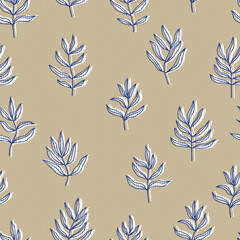 botanical abstract contour silhouette branches with leaves checkered background vector seamless pattern