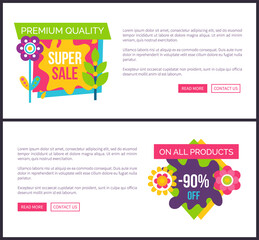 Internet pages set special promotion landing sites, premium total sale labels, cartoon style flowers vector blooming buds final price off online posters
