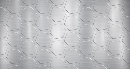 Abstract metallic background in gray colors with highlights and a big voluminous convex hexagonal plates