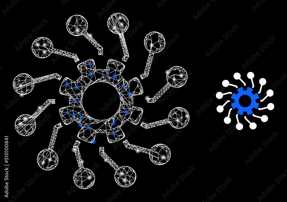 Aufkleber crossing mesh gear connections model icon with light spots. illuminated vector model is created from