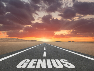 The word Genius written on a road for brilliance and talent concept.