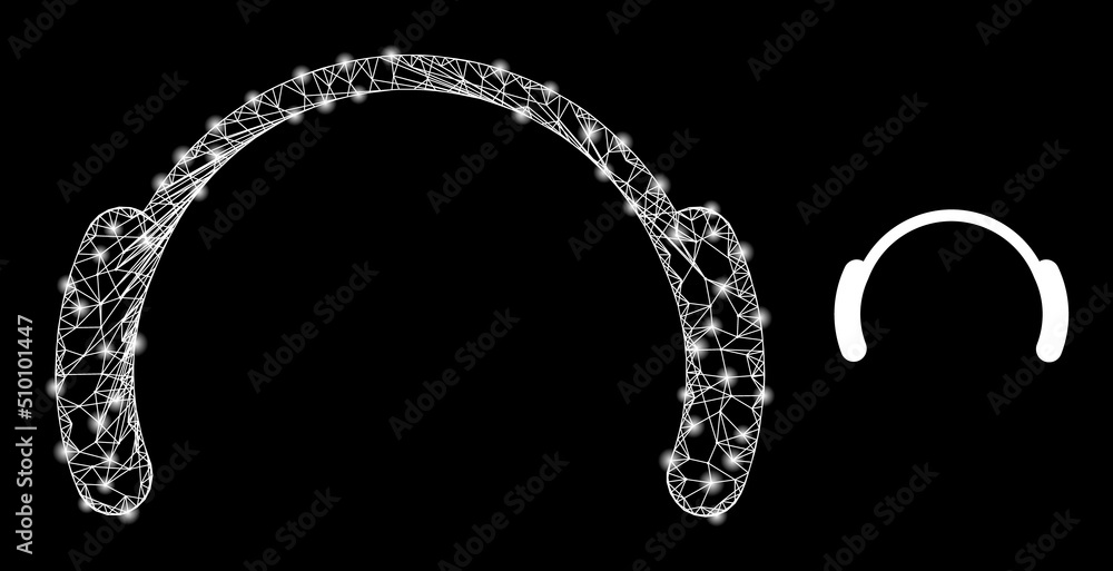 Poster net mesh head phones model icon with lightspots. illuminated vector model is created from head phone