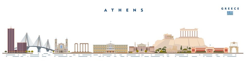Greece, Athens. City skyline architecture, buildings,  silhouette, city landmarks isolated vector illustration. - obrazy, fototapety, plakaty