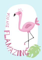 Flamingo. Cute nursery childish print poster. Vector and printable hand drawn illustration. Kids design for cards, posters, postcards.