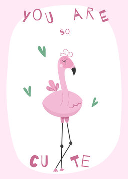 Flamingo nursery vector poster. Printable kids design for poster, card, postcard. Cute flat cartoon illustration.
