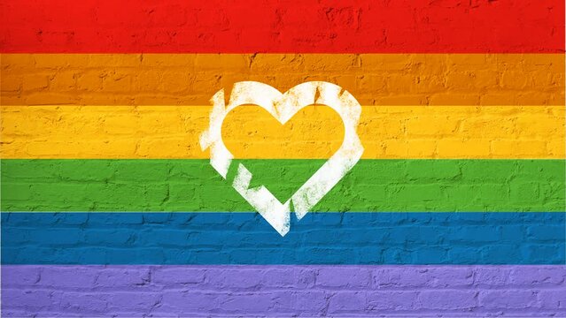 Heart animation. LGTBQ community colors flag. Pride month.  Paint roller brushes the white brick wall.