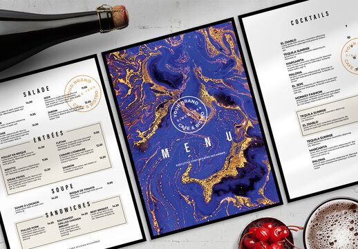 Restaurant Food Menu Layout with Purple Gold Accents