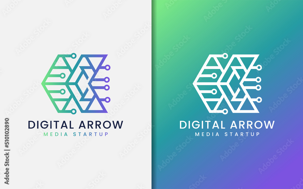 Poster modern digital arrow logo design with tech futuristic style concept.