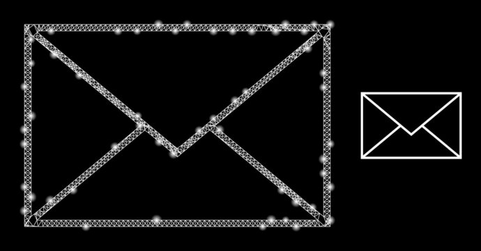 Network letter envelope wireframe icon with lightspots. Illuminated vector model is created from letter envelope icon. Vector carcass network letter envelope icon.