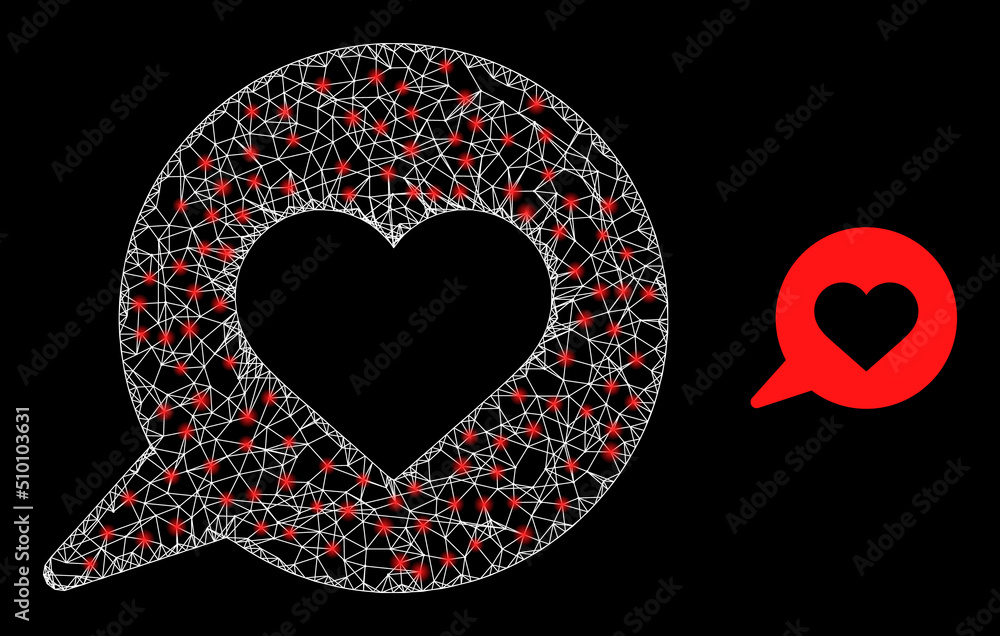 Poster crossing mesh love message carcass icon with lightspots. illuminated vector model is created from lo
