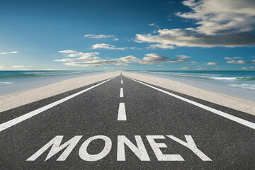 Money text on highway to success.