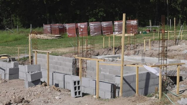 Building House Foundation Basement Concrete Blocks Construction Site