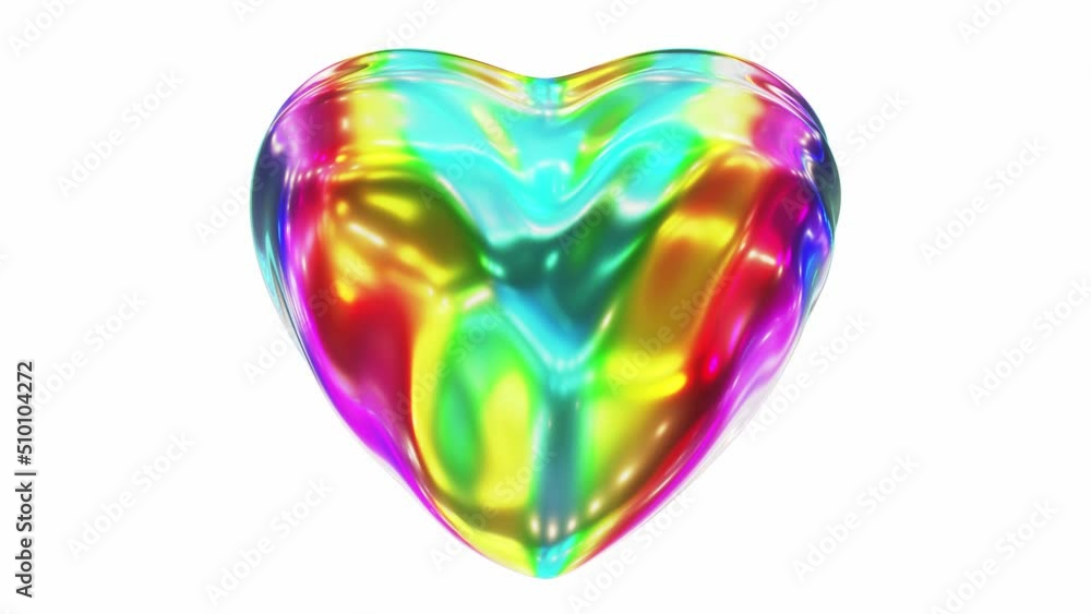 Poster realistic looping 3d animation of the abstract morphing colorful rainbow liquid glass candy heart re