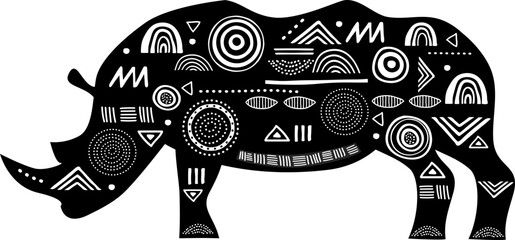 Black and White African Rhino Silhouette with Tribal Ornament Illustration