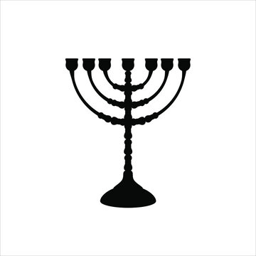 Sign of menorah for happy chanukah. Traditional jewish candle holders, Hannukkah menora icon, seven lamps menorahs icon. Black icon of hanuka isolated on white background. 