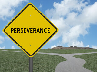 Perseverance sign with road in the background.