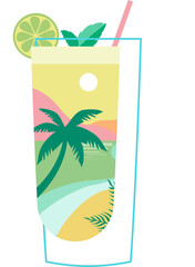 Cocktail Glass with Tropical Landscape Illustration