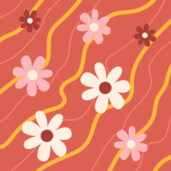 Obraz premium Pattern groovy trippy daisy. Daisies and lines on red background. 70s vibes floral background. Hand drawn vector illustration, flat style.