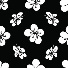 Sakura  seamless pattern on black background. Vector illustration in boho style for wrapping paper, textile, backgrounds.
