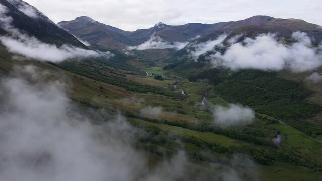 View for Glen Nevis, River Nevis with beautiful clouds, Fort William, Highlands, Scotland, UK