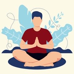 Man Practicing Yoga In Lotus Pose Vector Illustration In Flat Style