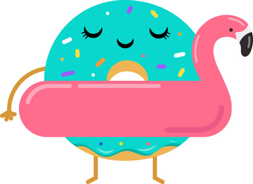Cute Donut Cartoon Character with Flamingo Pool Float Illustration