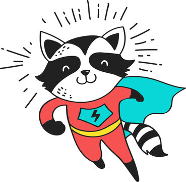 Cute Raccoon Superhero Cartoon Character Illustration