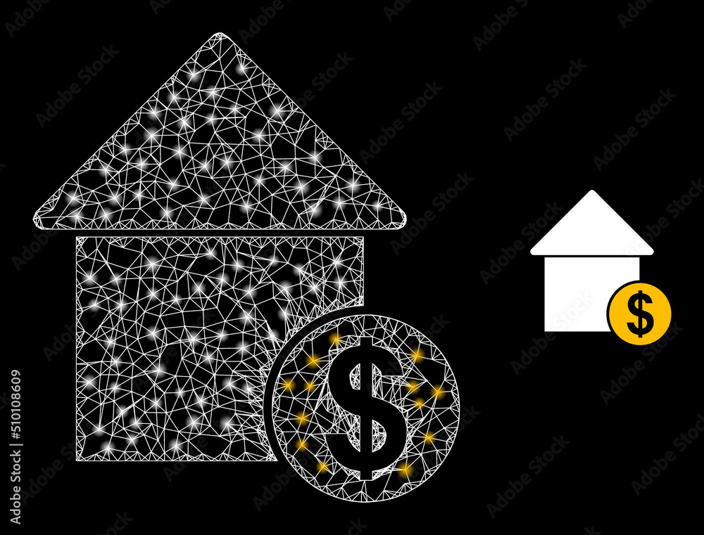 Poster net mesh mortgage cost model icon with lightspots. illuminated vector model is created from mortgage