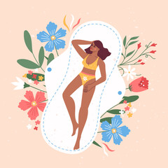 Woman floating on a big sanitary pad with flowers and leaves around. Menstrual period concept, menstruation, PMS, premenstrual syndrome. Female leading active life during menstruation.
