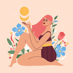 Women care about themselves during the menstruation cycle period with flowers and leaves around. Menstrual period concept, menstruation, PMS, premenstrual syndrome.