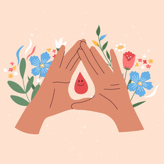 Female regular menstrual cycle concept. Menstrual period, menstruation, premenstrual syndrome, overies vector illustrations. Hand draw female hands and a blood drop with flowers.