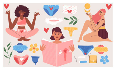 Women care about themselves during the menstruation cycle period with flowers and leaves around. Menstrual period, menstruation, premenstrual syndrome, PMS, ovaries.