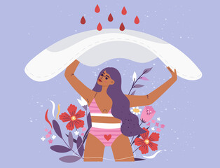 Woman holding a big sanitary pad above her head with flowers and leaves on the background. Heavy menstruation concept. Menstrual period, menstruation, PMS, premenstrual syndrome vector illustrations.